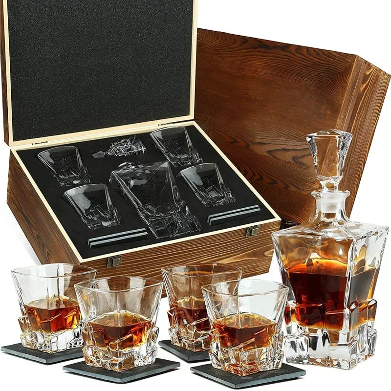 Wood Box Whiskey Set Decanter Diamond Shape 4 with Glasses , for Gift Men, Bottle Alcohol for Liquor Scotch Bourbon