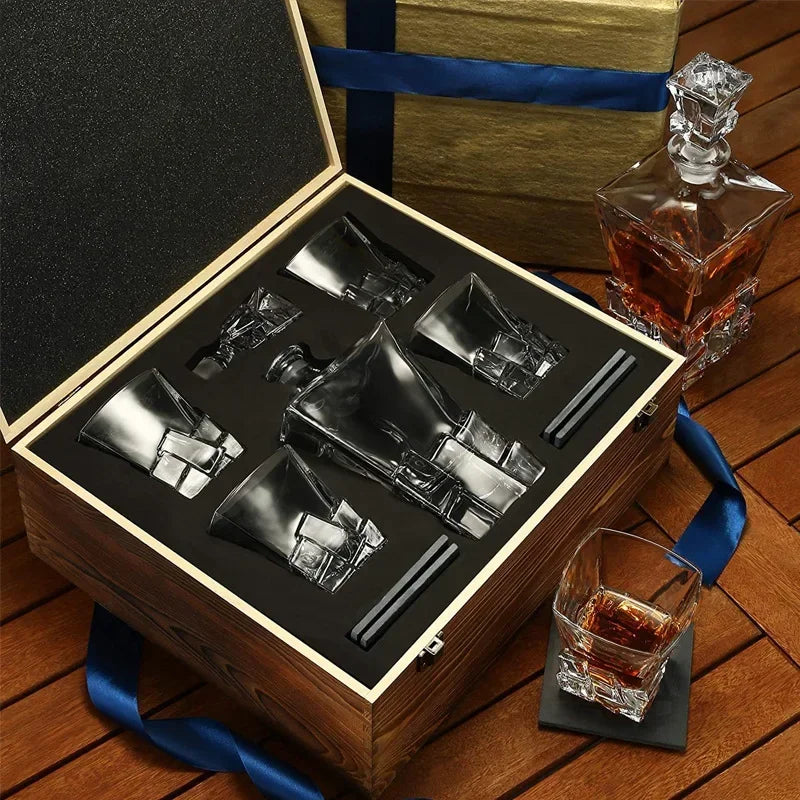 Wood Box Whiskey Set Decanter Diamond Shape 4 with Glasses , for Gift Men, Bottle Alcohol for Liquor Scotch Bourbon