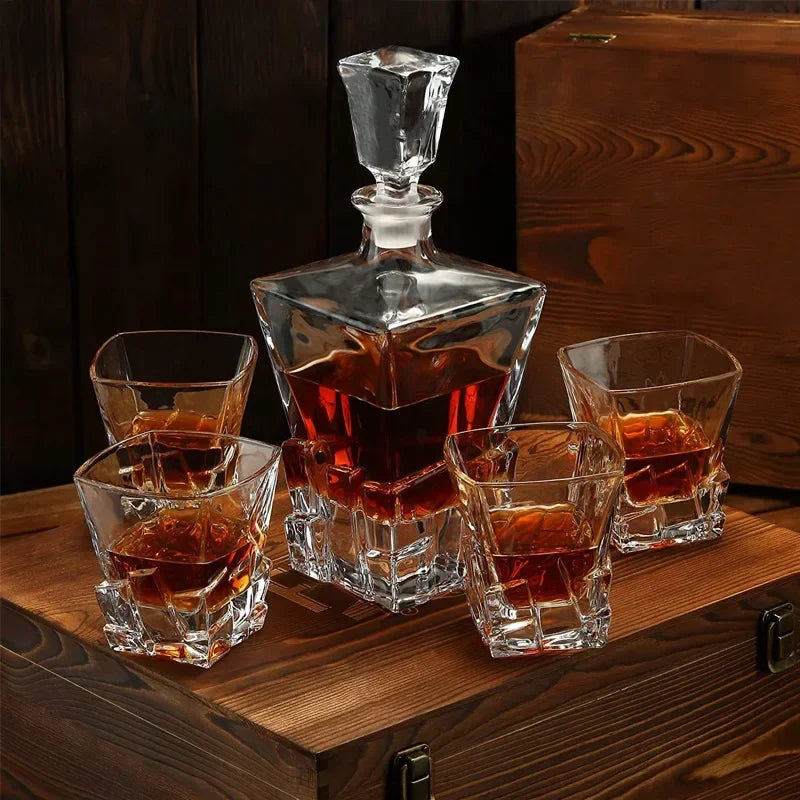 Wood Box Whiskey Set Decanter Diamond Shape 4 with Glasses , for Gift Men, Bottle Alcohol for Liquor Scotch Bourbon